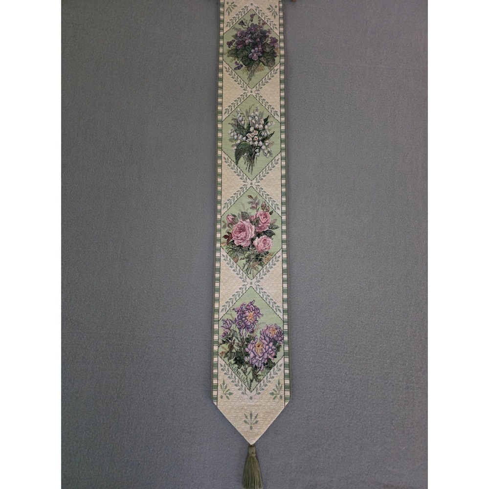 Vintage Lena Liu Floral Tapestry Bell Pull Wall Hanging 41" Woven Cottagecore